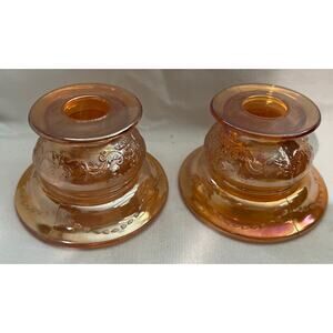 Vintage Federal Orange Iridescent Marigold Candle Stick Holder Set 2
